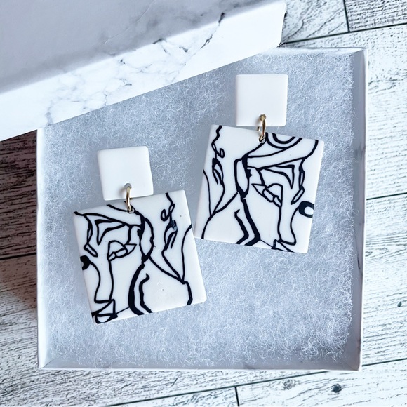 Black and White Polymer clay earrings, aesthetic jewelry, line art earrings - Picture 3 of 6